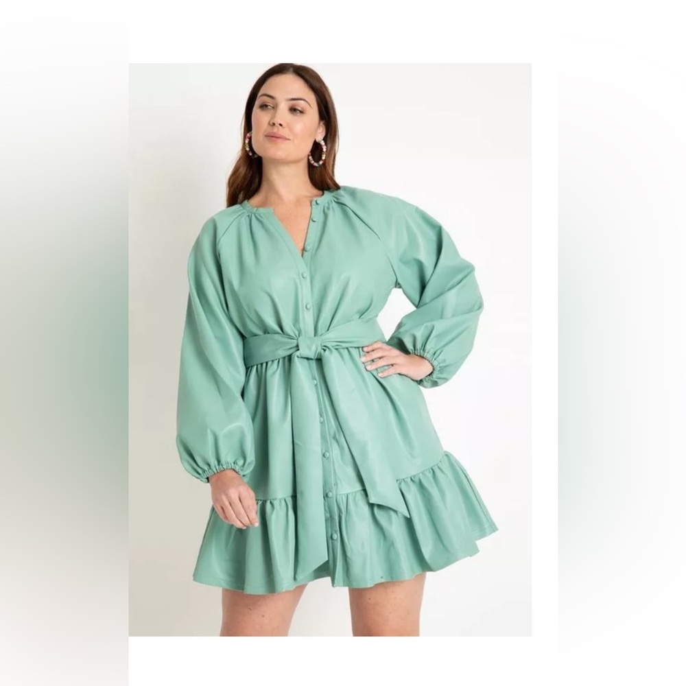 ELOQUII vegan leather shirred mini dress